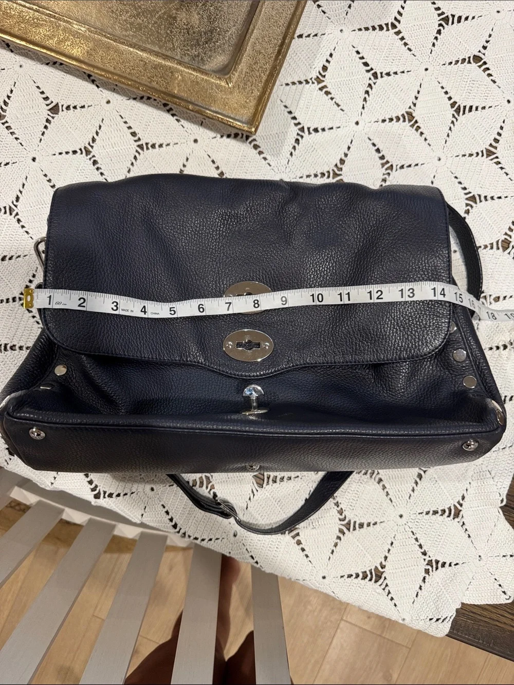 Zanellato Navy Studded Hammered Leather Crossbody Bag EUC